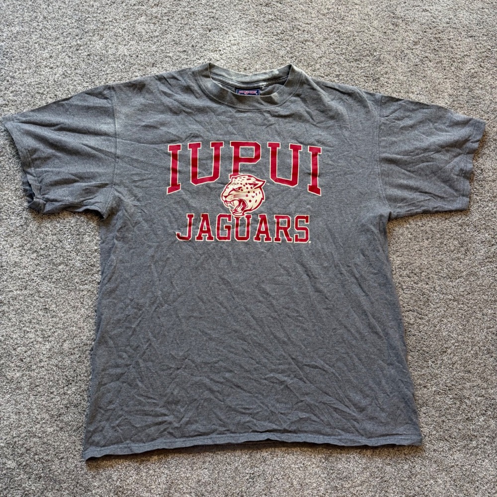 Vintage JanSport IUPUI Jaguars Mens L Gray Graphic T-Shirt College Mascot Tee